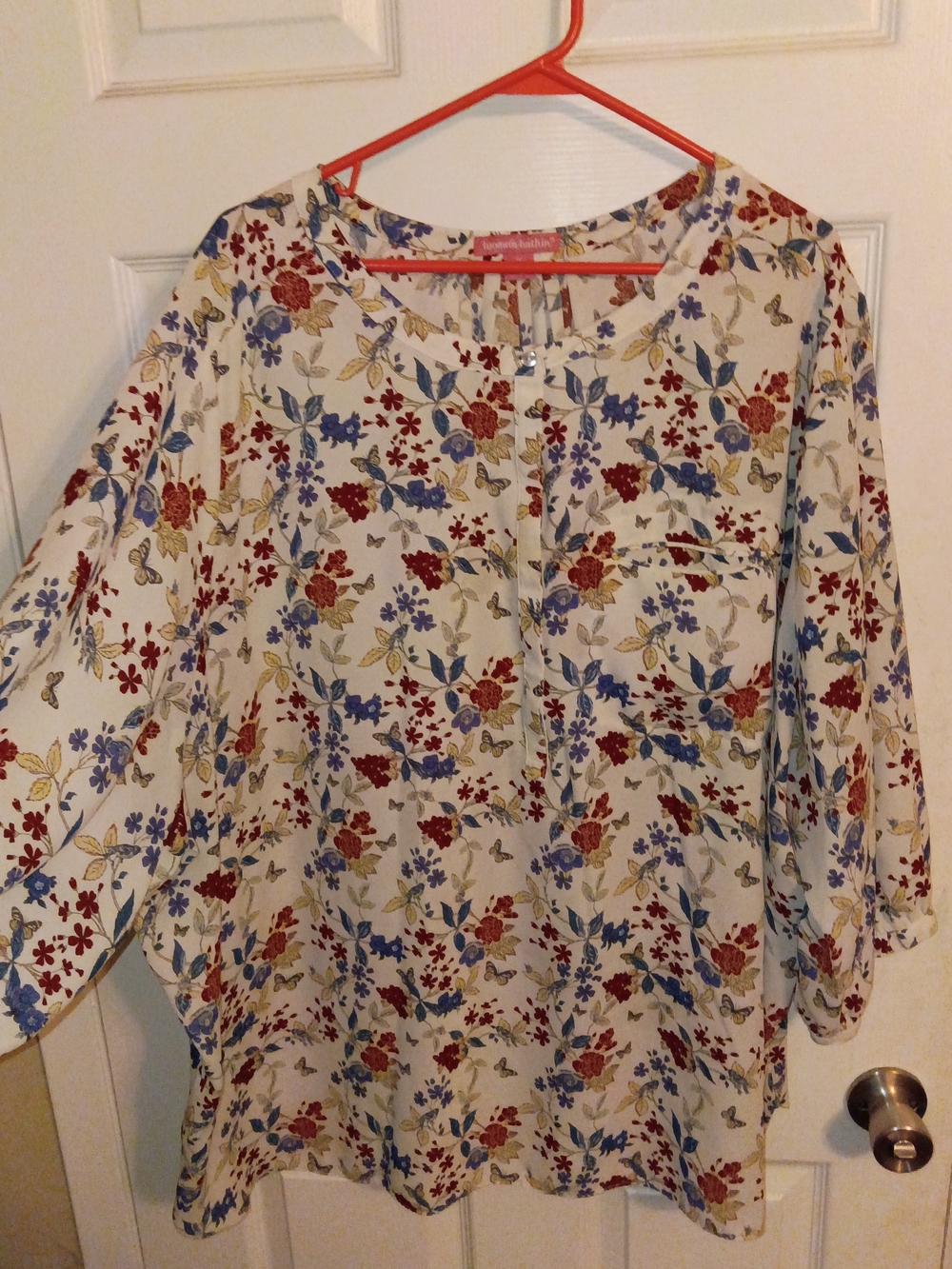 Woman Within Cream Floral Button-Front Blouse with Red & Blue Flowers